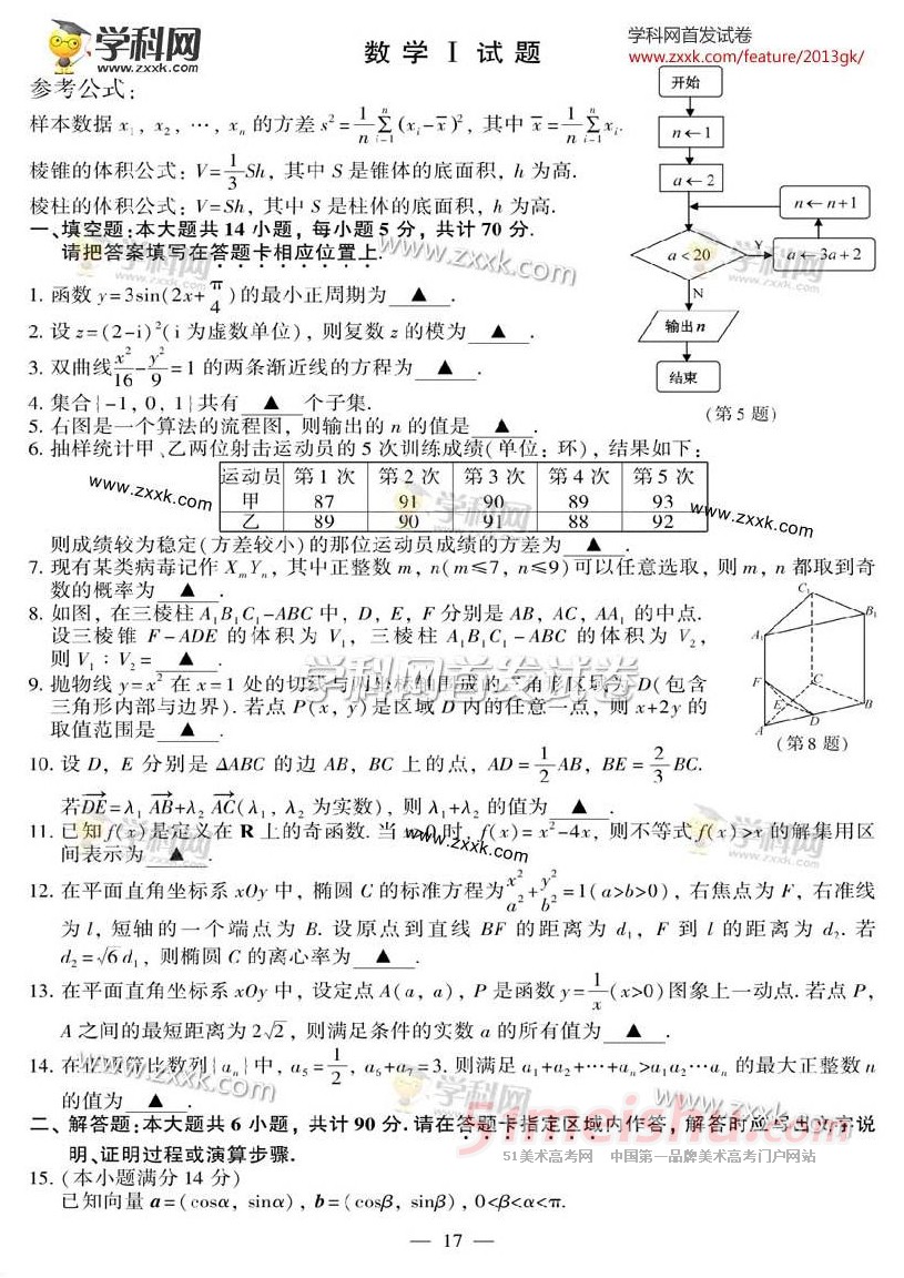 2013年江苏高考数学试卷及答案 - 51美术高考网