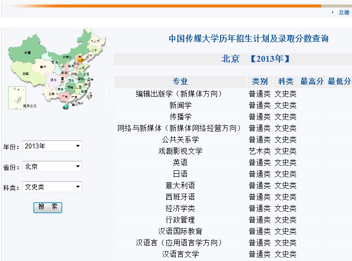 中国传媒大学2013年艺术类录取分数线查询