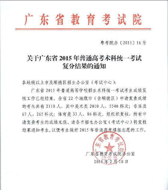 2015年广东省高考艺术类术科统考复分结果的