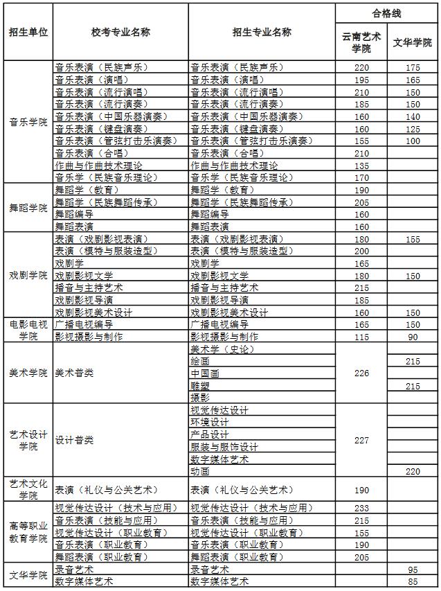 云南艺术学院2019年艺术类校考专业合格线（云南省）