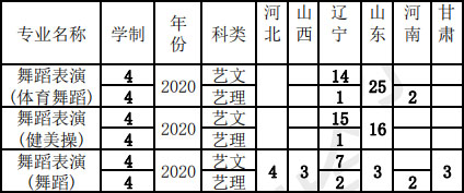 沈阳体育学院2020年舞蹈表演专业招生计划