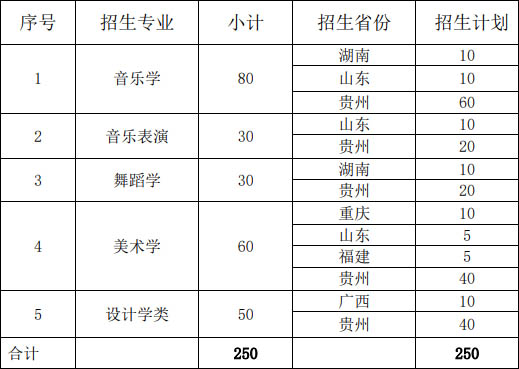 凯里学院2020年艺术类专业招生计划