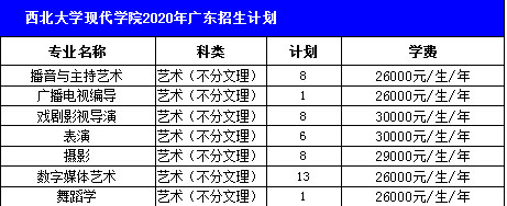 西北大学现代学院2020年艺术类本科招生计划